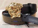 Perfect Replica Versace Gold Buckle And Gold Diamonds Black Leather Belt